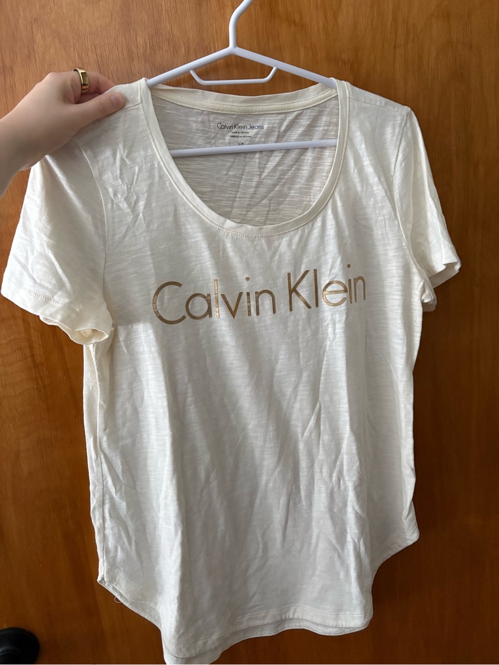 Calvin Klein Cream Short Sleeve Logo Tee with Gold Print